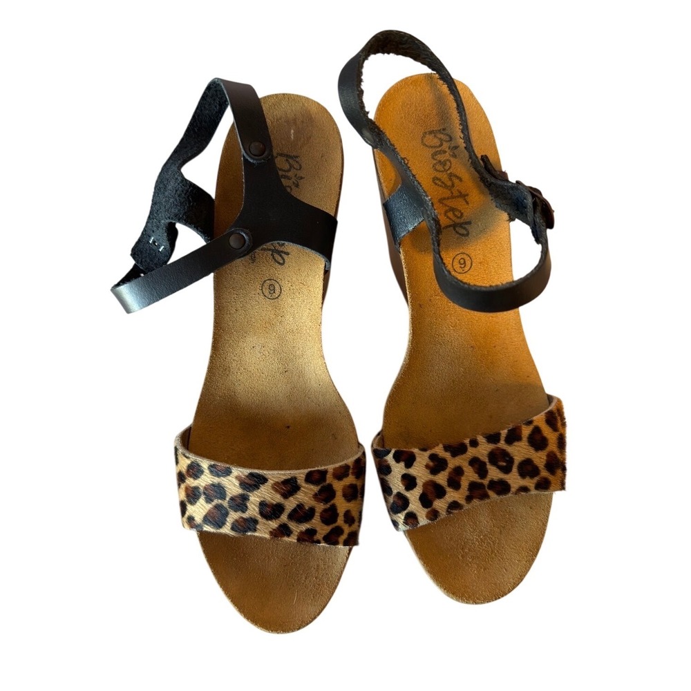 Biostep Women's Leopard Print Calf Hair Cork Wedge Sandals Leather Strap Size 9